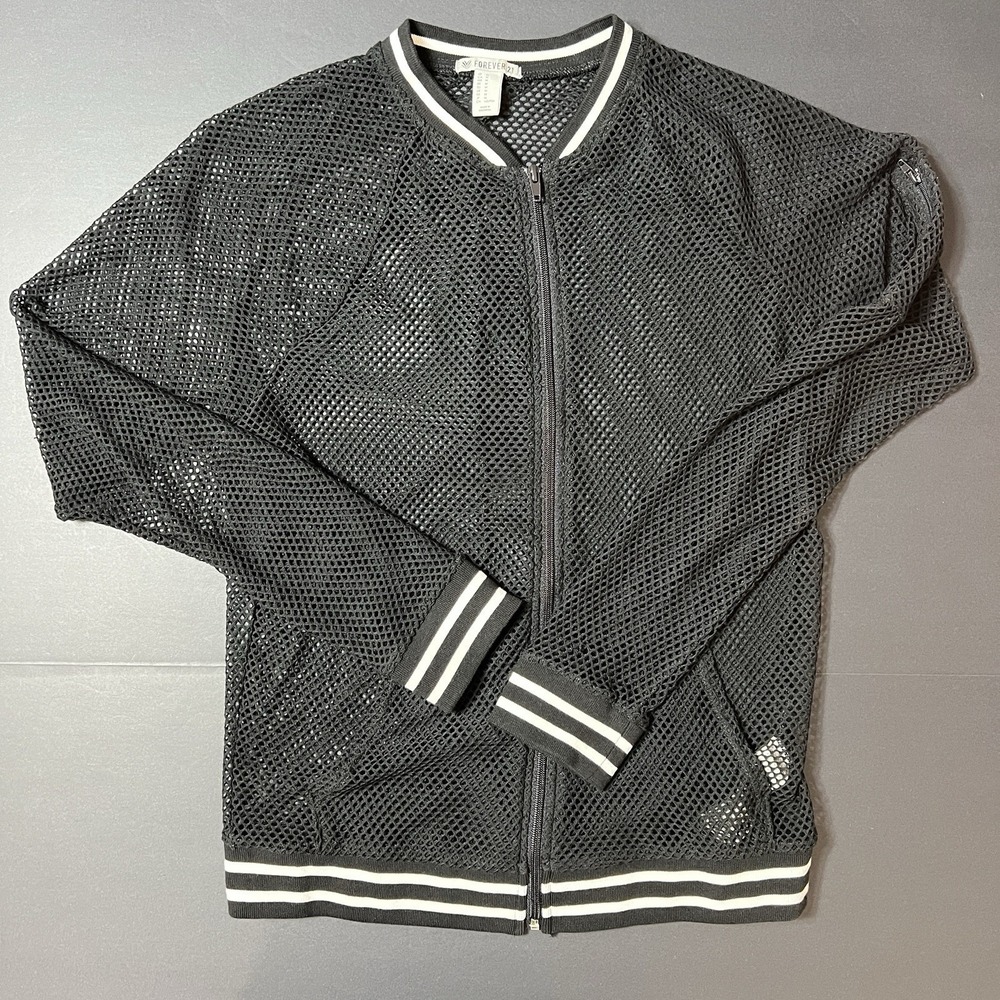 Forever 21 Fishnet Sweater Zip Top Long Sleeve Shirt Pockets Black White Size M